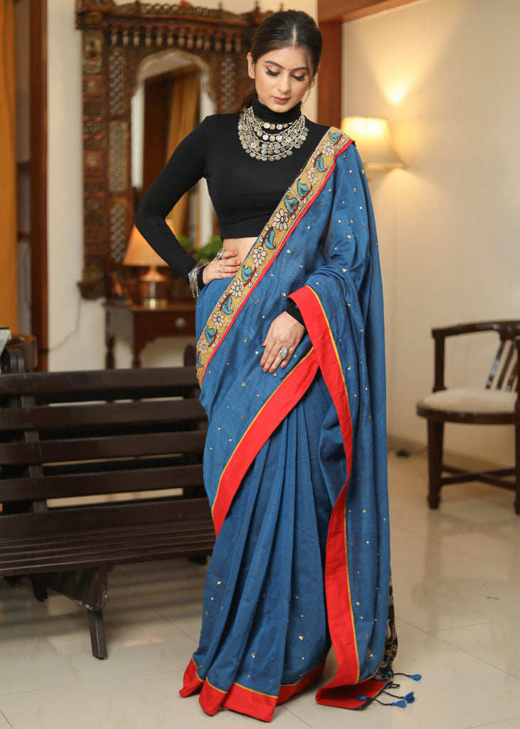 Designer peacock blue saree with Kalamkari Pallu and golden embellishment