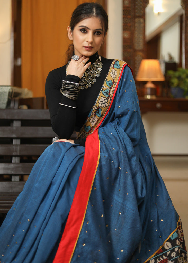 Designer peacock blue saree with Kalamkari Pallu and golden embellishment