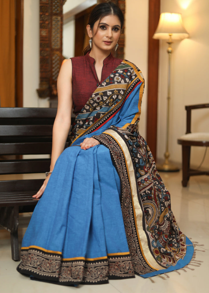 Graceful blue Cotton saree with ethnic KALAMKARI painted Pallu and Ajrakh border