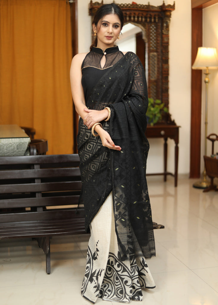 Designer Dhakai hand painted black Cotton saree