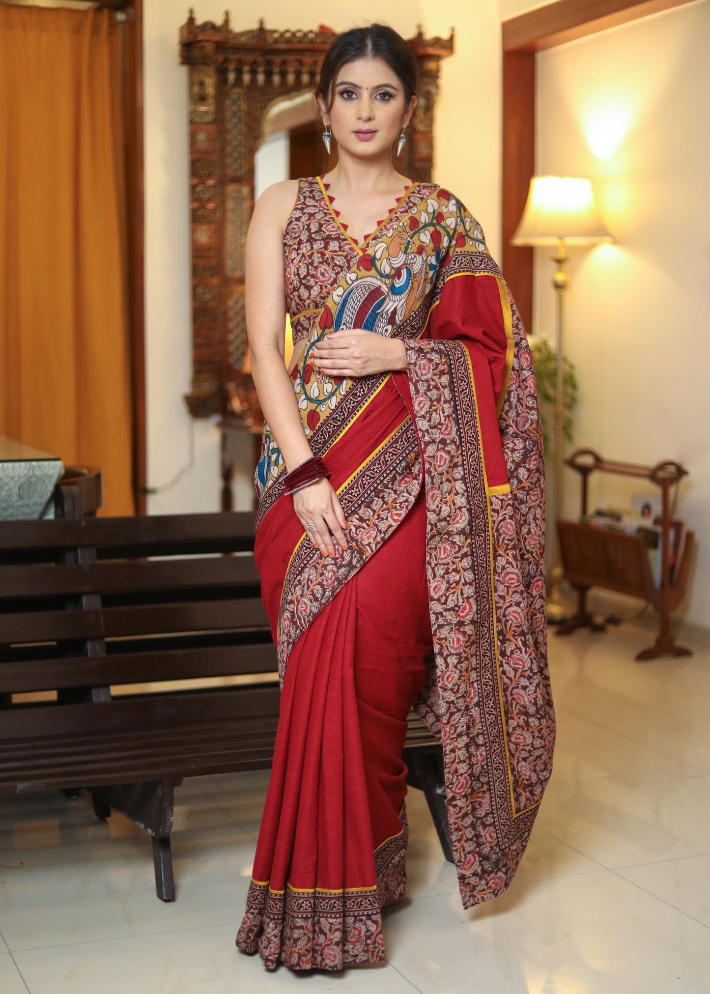 Exclusive maroon Cotton saree with Kalamkari border and kalamkari Pallu