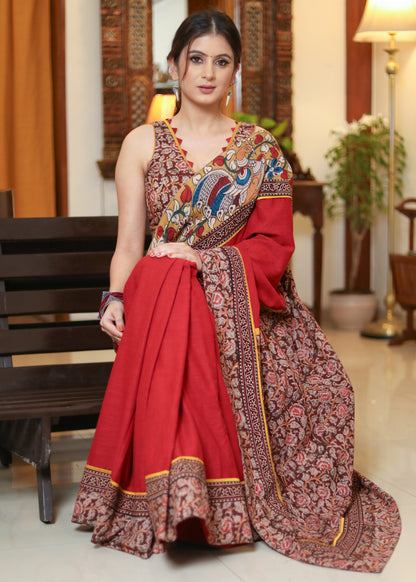 Exclusive maroon Cotton saree with Kalamkari border and kalamkari Pallu