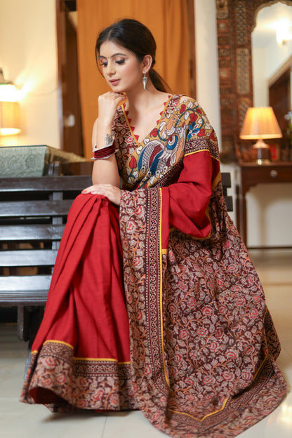 Exclusive maroon Cotton saree with Kalamkari border and kalamkari Pallu