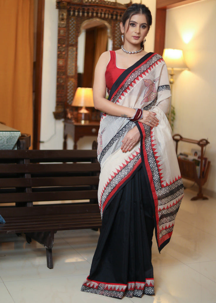 Graceful black Chanderi saree with elegant hand painted Pallu and border