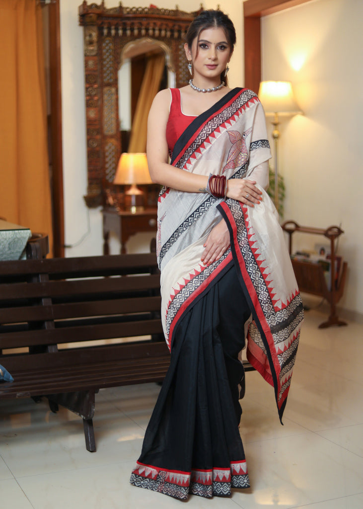 Graceful black Chanderi saree with elegant hand painted Pallu and border