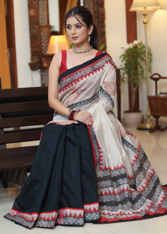 Graceful black Chanderi saree with elegant hand painted Pallu and border