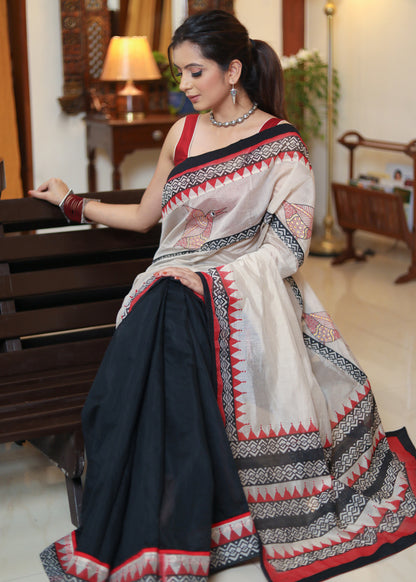 Graceful black Chanderi saree with elegant hand painted Pallu and border