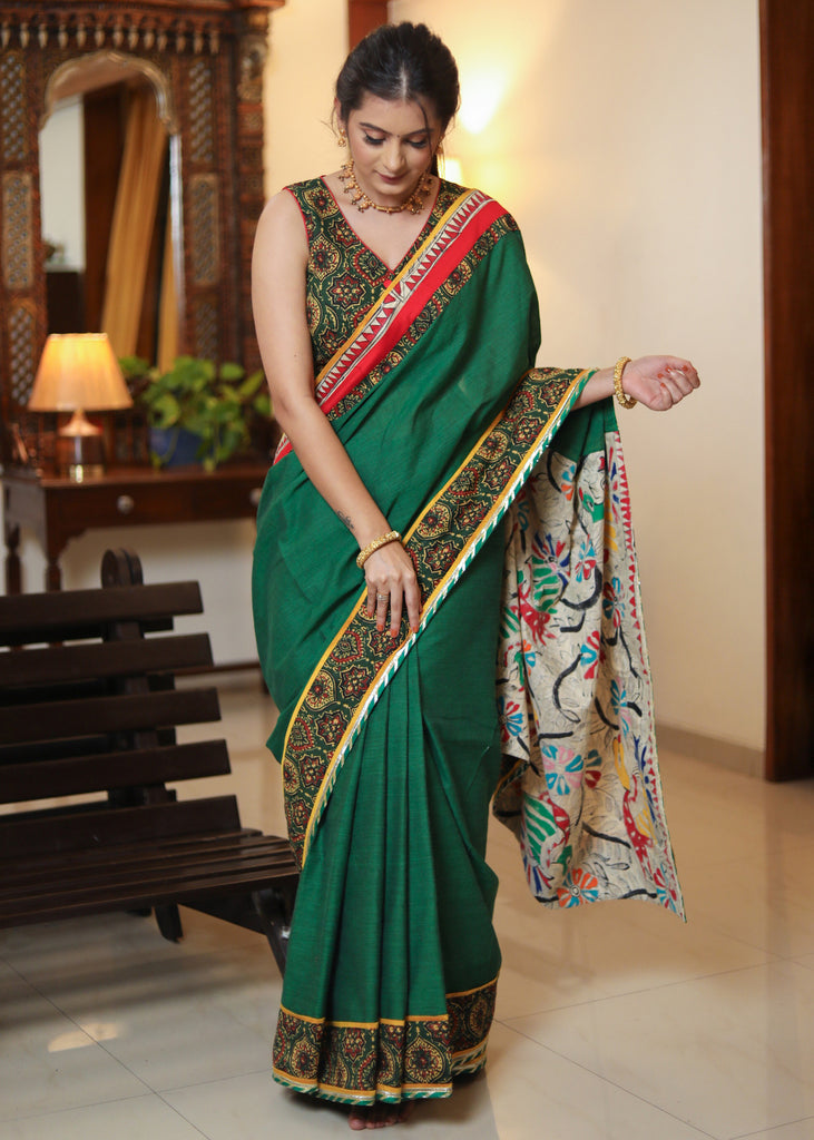 Exclusive green Cotton saree with beautiful Madhubani painted Pallu and Ajrakh border