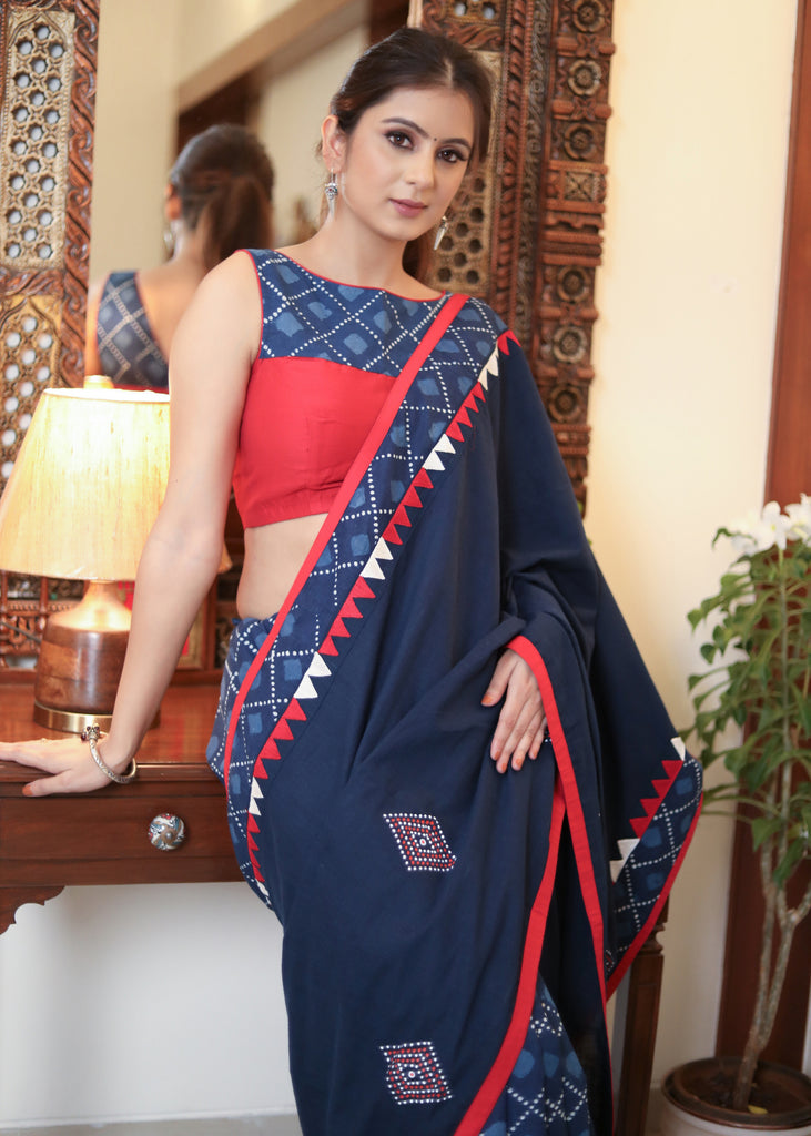 Beautiful blue Cotton saree with delicate temple embroidery and elegant hand painting