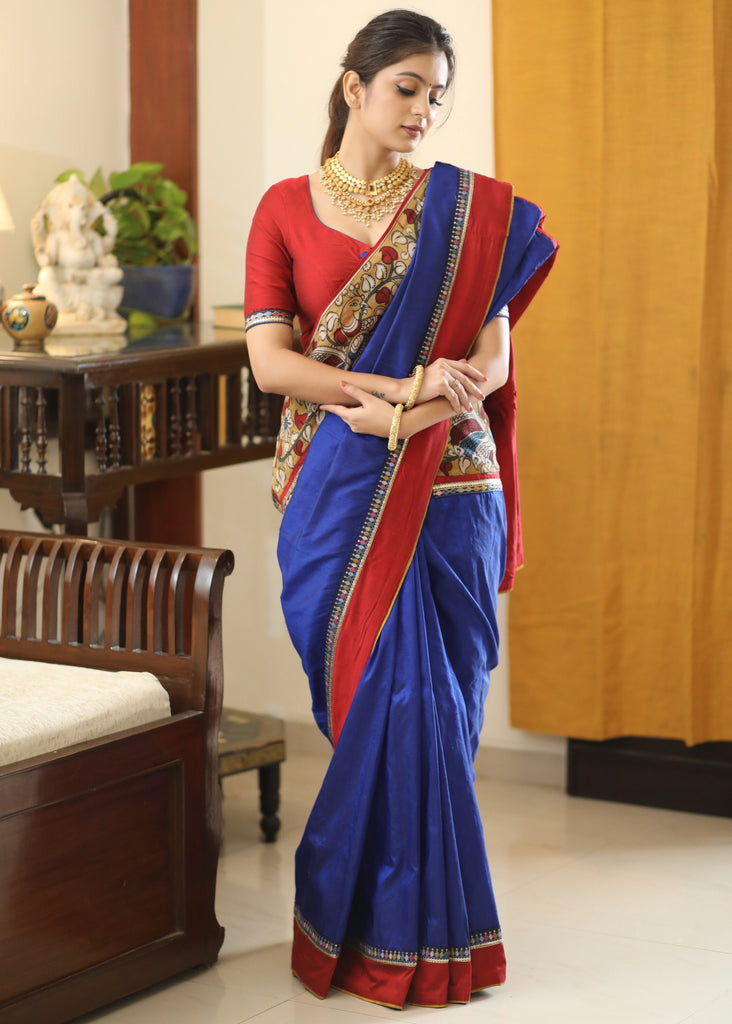 Gorgeous Raw silk blue saree with Kalamkari hand painted border and delicate lace