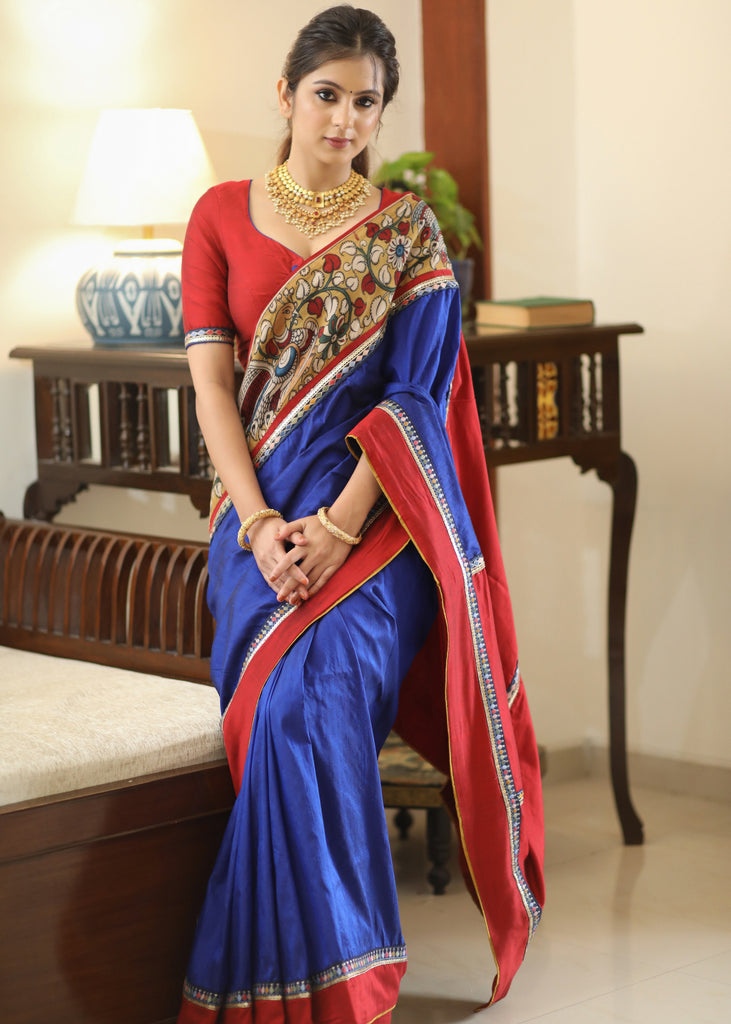 Gorgeous Raw silk blue saree with Kalamkari hand painted border and delicate lace