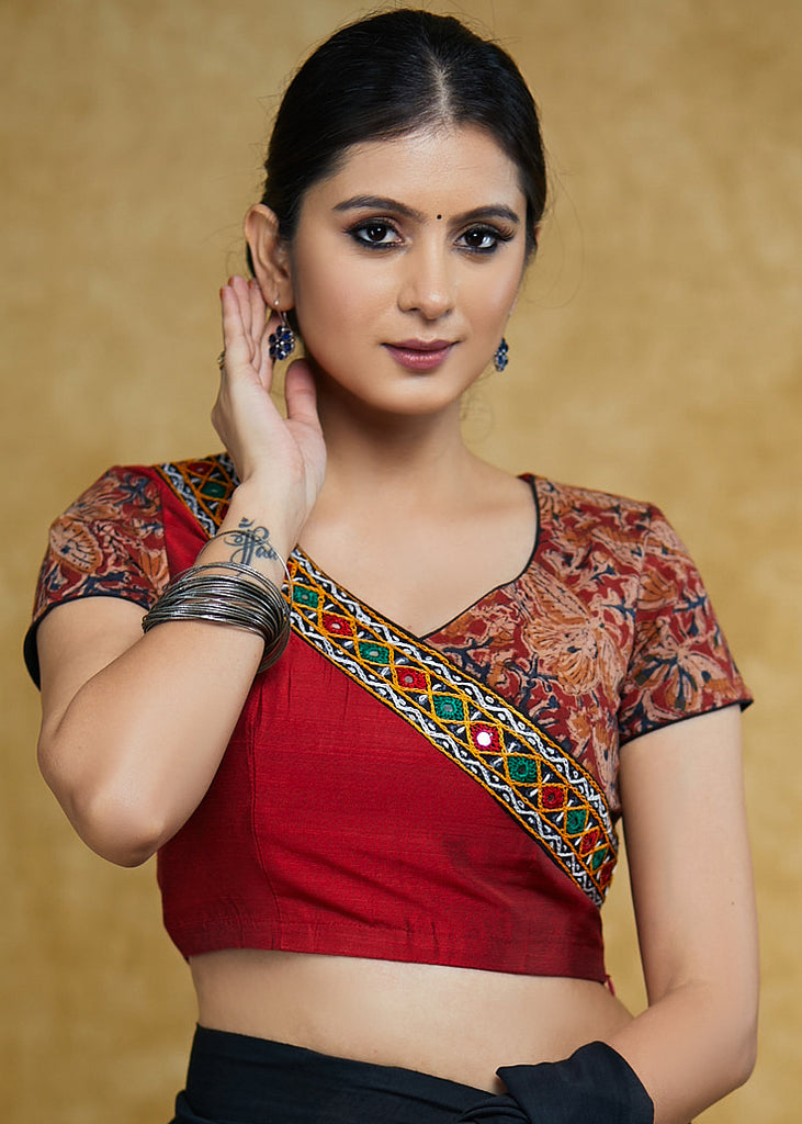 Stylish Maroon Angarkha  Cotton silk & Kalamkari Print Combination Blouse with Mirrorwork Detailing
