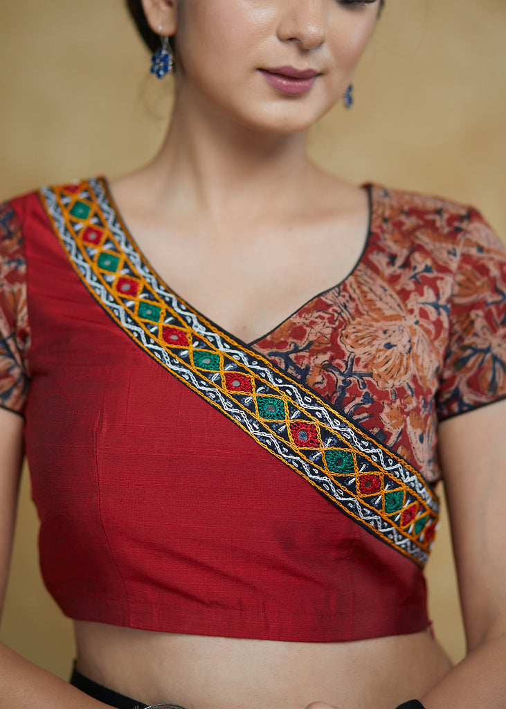Stylish Maroon Angarkha  Cotton silk & Kalamkari Print Combination Blouse with Mirrorwork Detailing