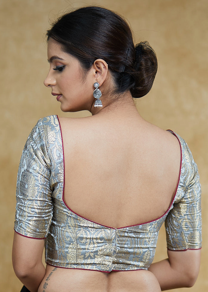 Elegant Grey Banarasi Elbow Length Sleeves Blouse with Pink Piping