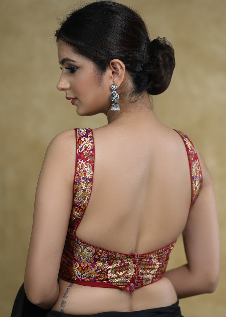 Standout Maroon Banarasi Sleeveless Blouse with Maroon Detailing