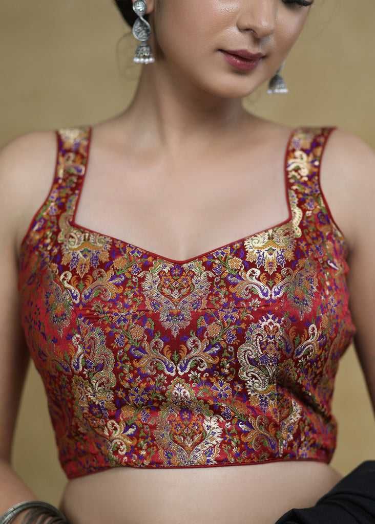 Standout Maroon Banarasi Sleeveless Blouse with Maroon Detailing