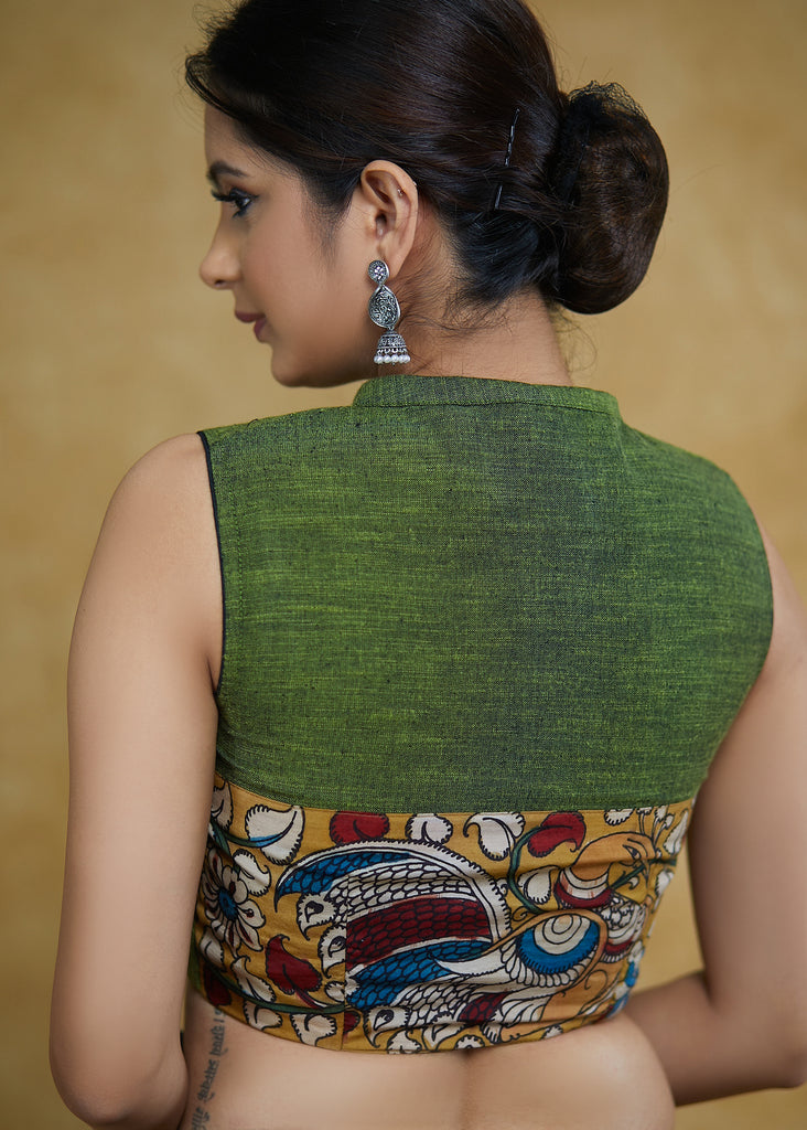 Smart Moss-Green Mandarin Collar Sleeveless Blouse with Kalamkari Buttons & Kalamkari Back
