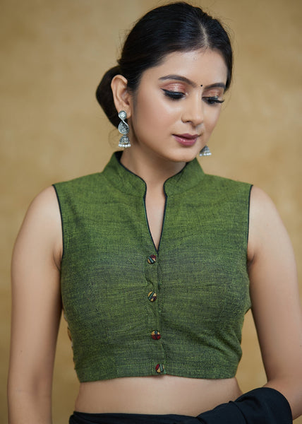 Smart Moss-Green Mandarin Collar Sleeveless Blouse with Kalamkari Buttons & Kalamkari Back