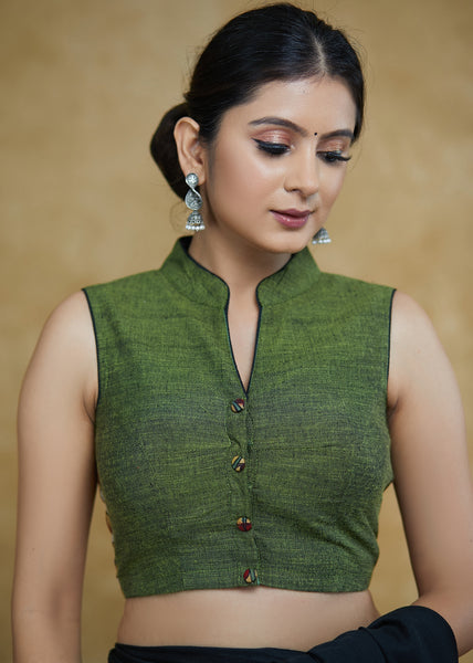 Smart Moss-Green Mandarin Collar Sleeveless Blouse with Kalamkari Buttons & Kalamkari Back