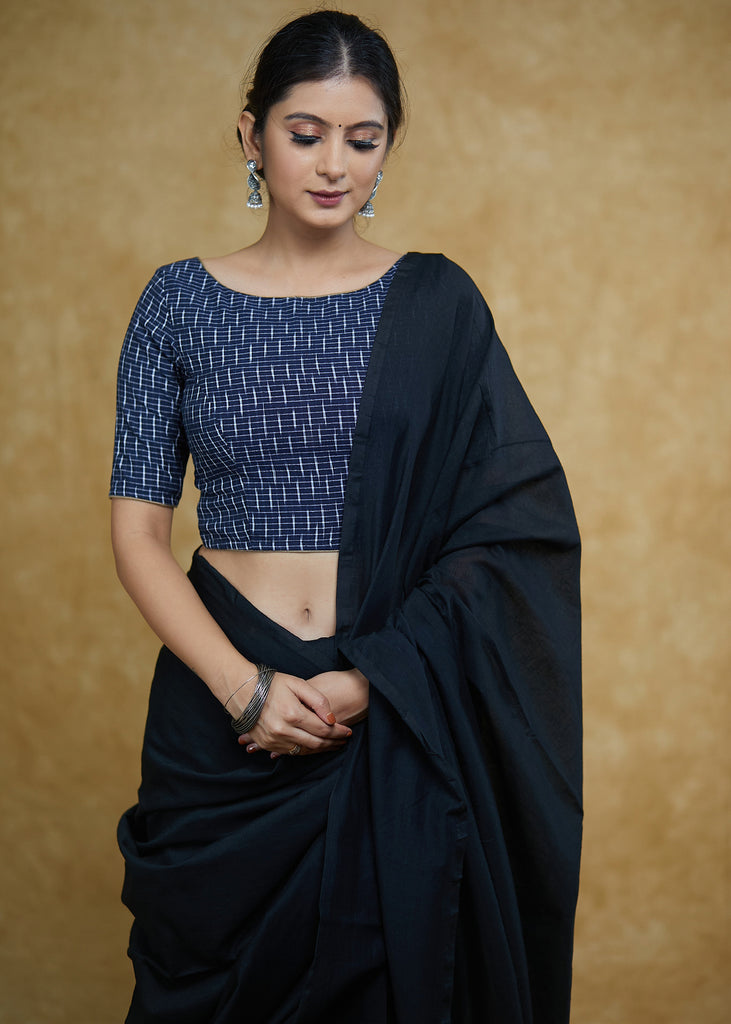 Classy Blue Ikaat Boatneck Blouse with Elbow Sleeves