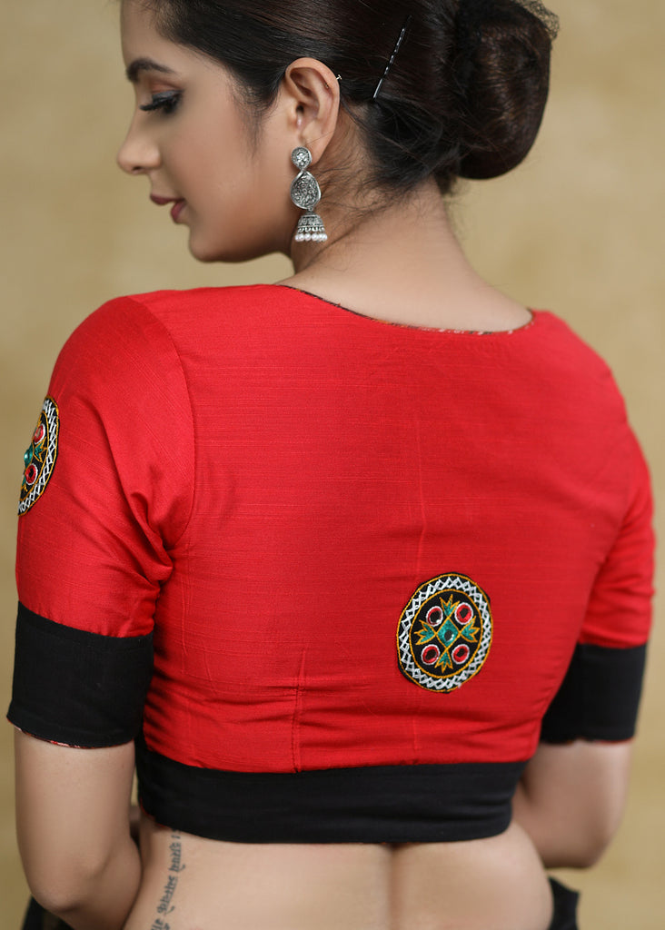 Stylish Black & Red Cotton Silk Elbow Sleeves Blouse with Mirrorwork Patch, Black Buttons and Ikaat Piping
