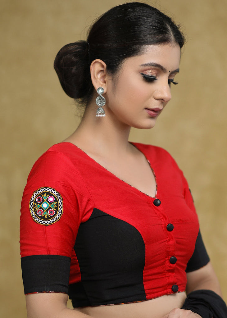 Stylish Black & Red Cotton Silk Elbow Sleeves Blouse with Mirrorwork Patch, Black Buttons and Ikaat Piping