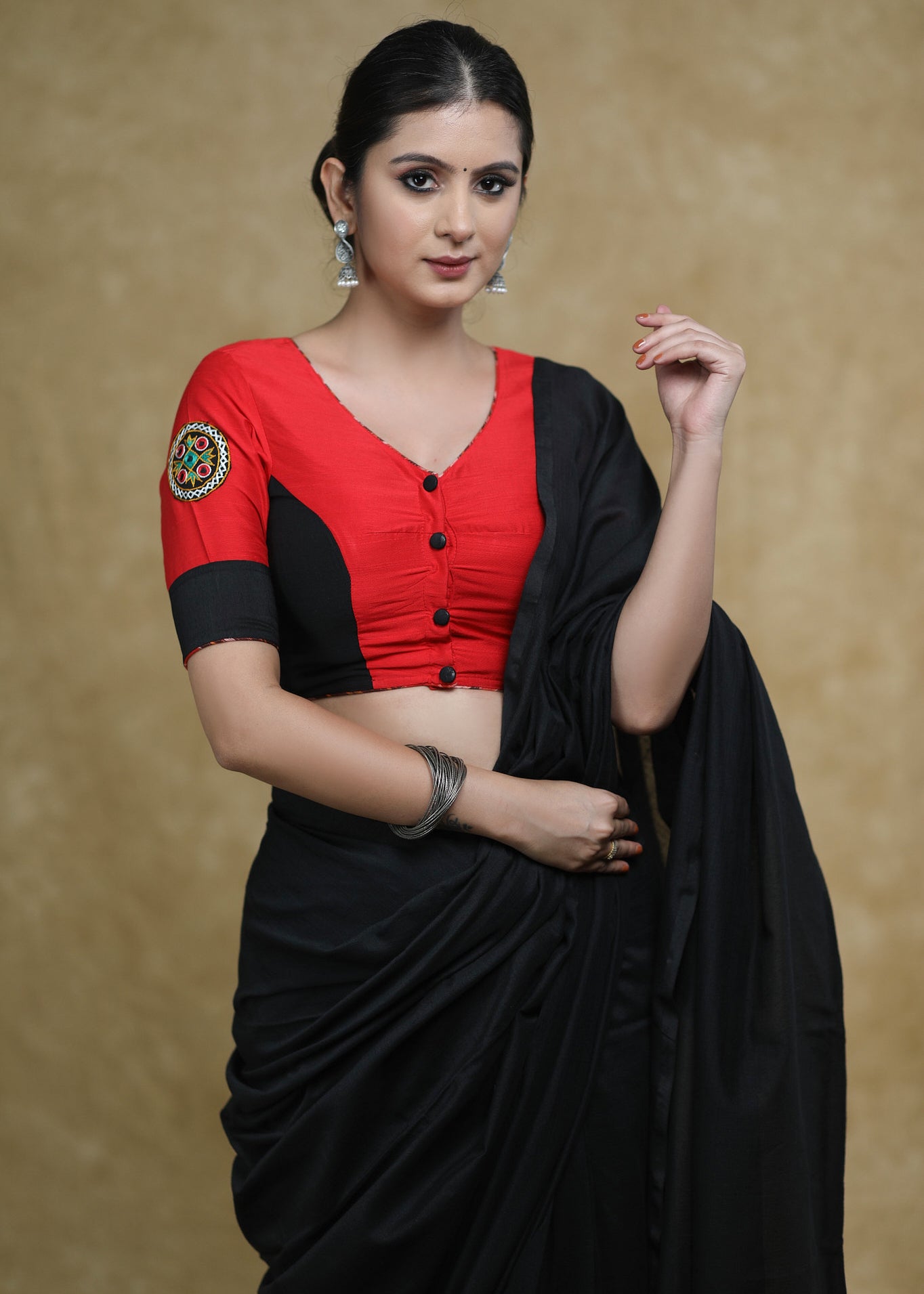 Stylish Black & Red Cotton Silk Elbow Sleeves Blouse with Mirrorwork Patch, Black Buttons and Ikaat Piping