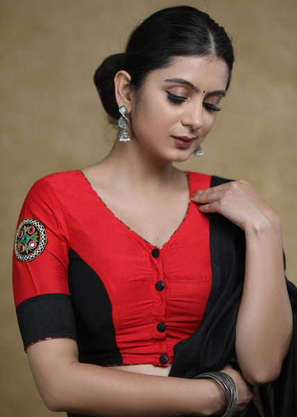 Stylish Black & Red Cotton Silk Elbow Sleeves Blouse with Mirrorwork Patch, Black Buttons and Ikaat Piping