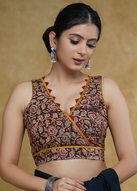 Exclusive Kalamkari Print Sleeveless Blouse with Mustard & Maroon Detailing