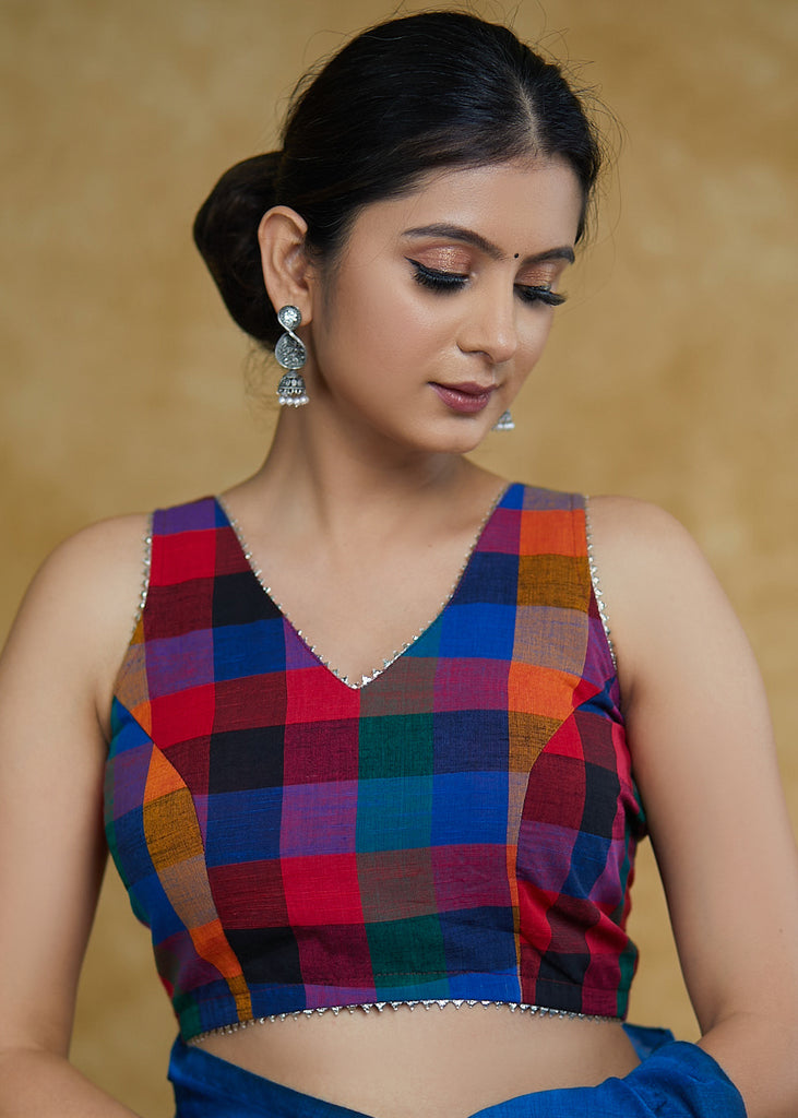 Trendy Checks Handloom Cotton Sleeveless Blouse with Silver Lace Detailing