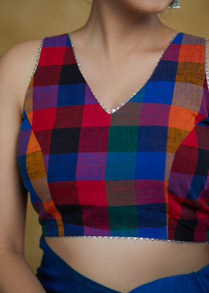 Trendy Checks Handloom Cotton Sleeveless Blouse with Silver Lace Detailing