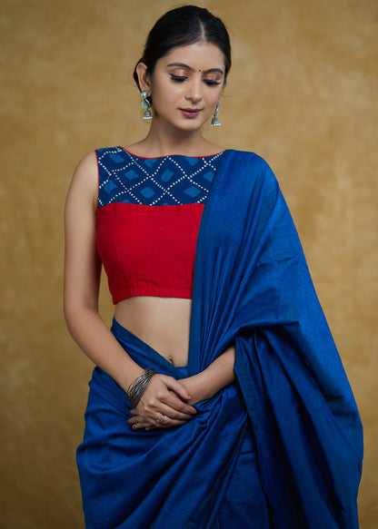 Trendy Blue Indigo Cotton and Maroon Cotton Silk Combination Sleeveless Blouse