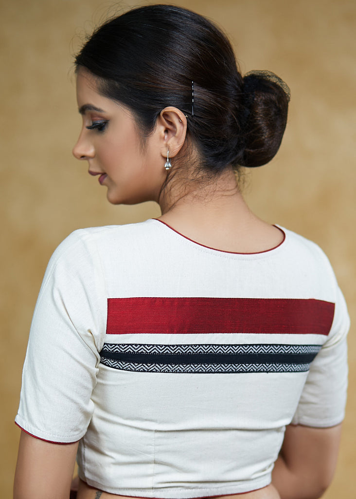 Cream Cotton Blouse with Maroon and Black Ikaat Detailing