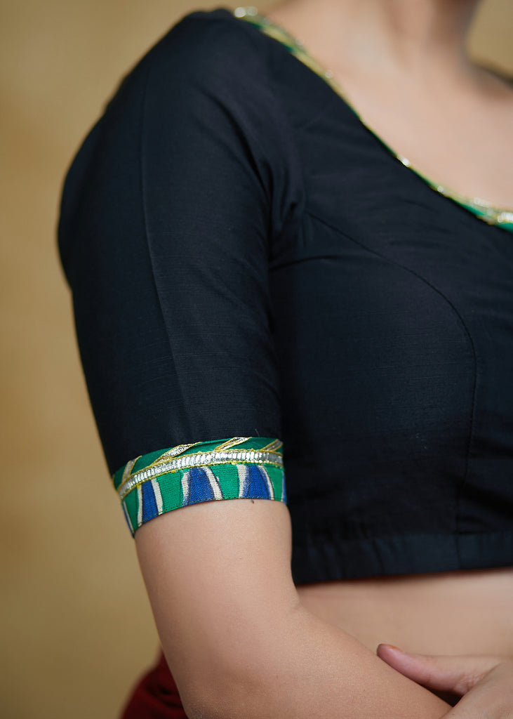 Black Cotton Silk Blouse with Green Gota Patti Lace, Madhubani Border and Smart Back