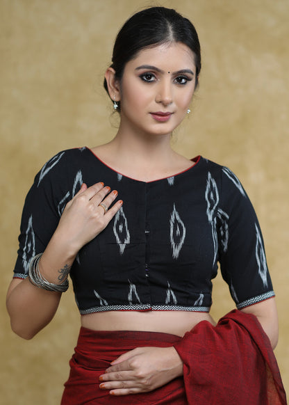 Elegant Black Cotton Ikaat Blouse with Elbow Length Sleeves &Maroon Detailing at the Back