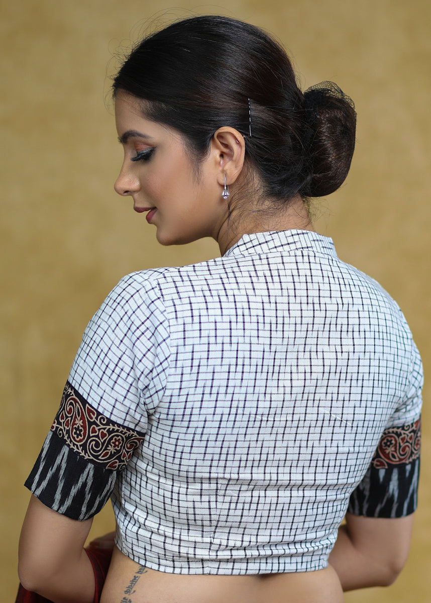 Smart White Ikaat Cotton Blouse with Ajrakh , Ikaat Combination Sleeves