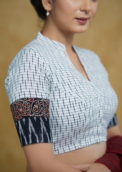 Smart White Ikaat Cotton Blouse with Ajrakh , Ikaat Combination Sleeves