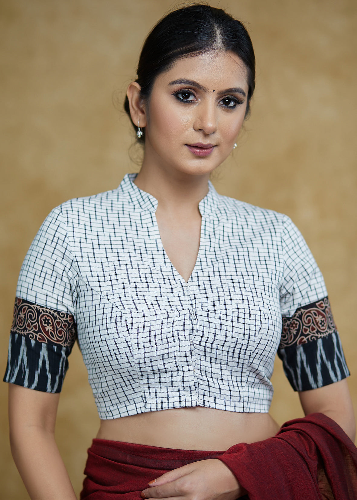 Smart White Ikaat Cotton Blouse with Ajrakh , Ikaat Combination Sleeves