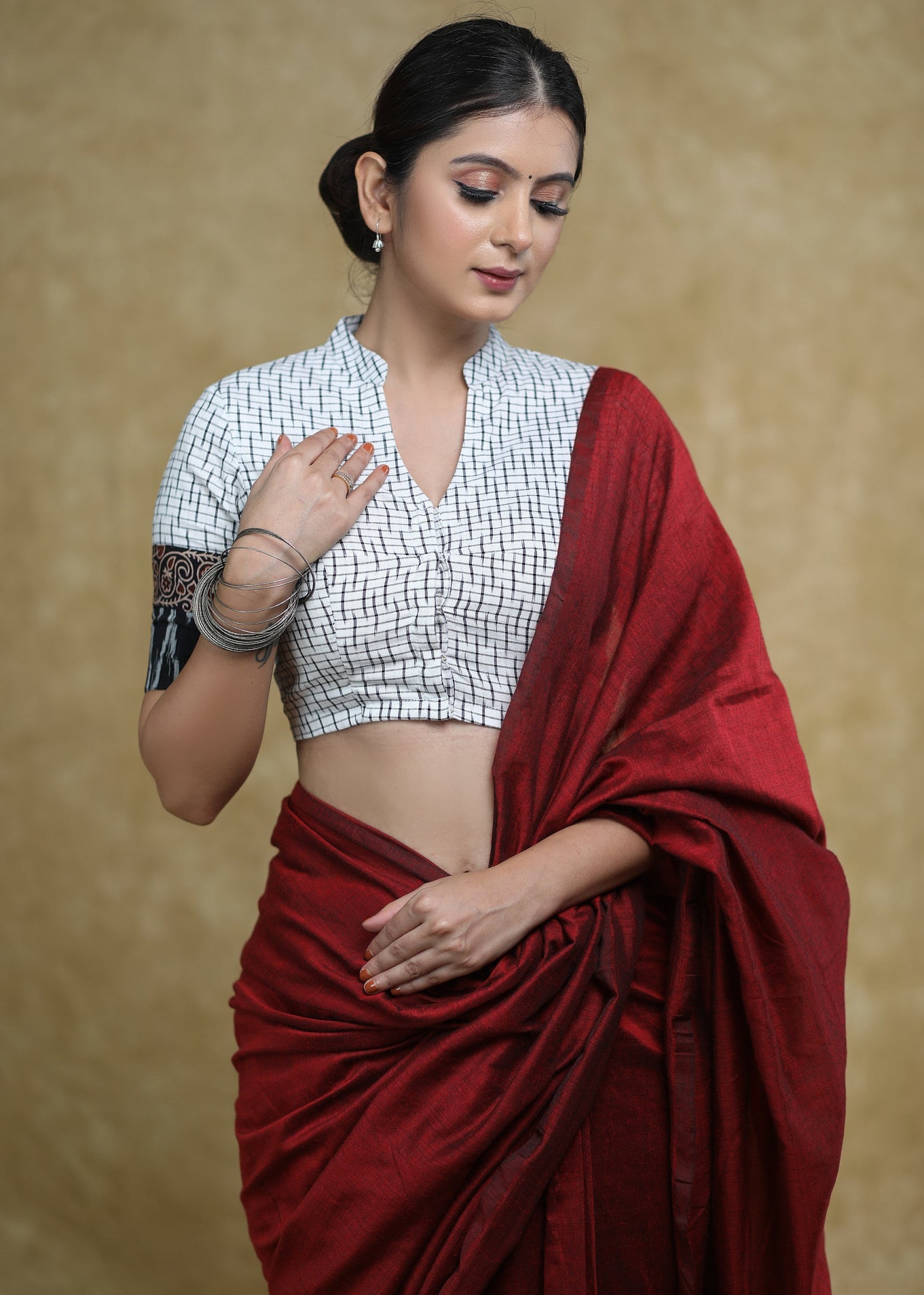 Smart White Ikaat Cotton Blouse with Ajrakh , Ikaat Combination Sleeves