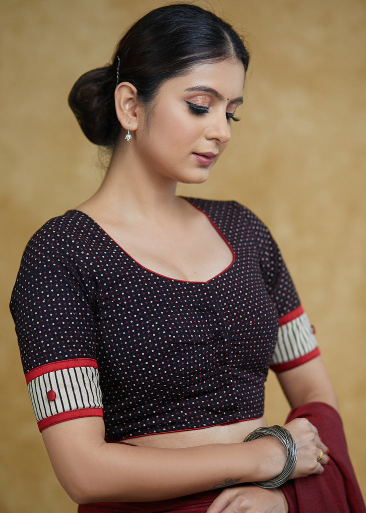 Elegant Black Polka Dot Cotton Blouse with Cream Striped Border & Red Detailing