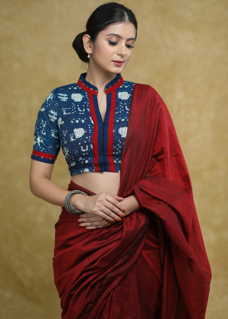 Smart Kantha Indigo Print Blouse with Maroon Detailing
