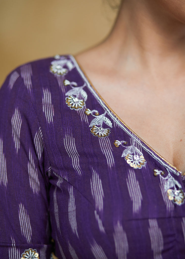 Standout Purple Cotton Ikaat Blouse with Elegant Handwork and Golden piping