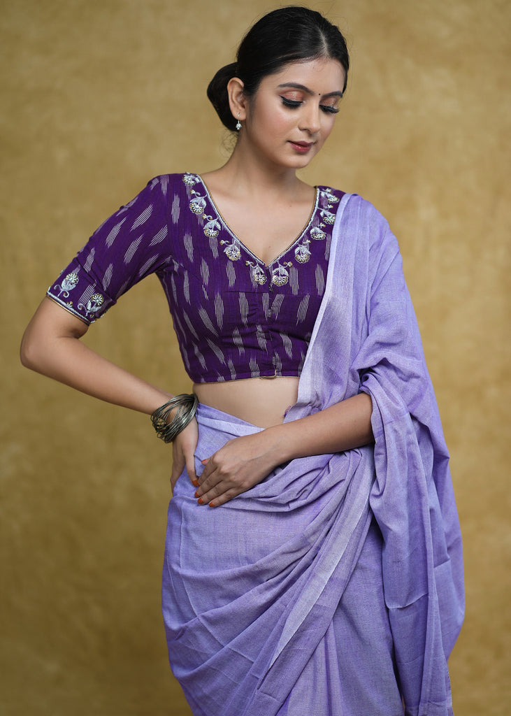Standout Purple Cotton Ikaat Blouse with Elegant Handwork and Golden piping