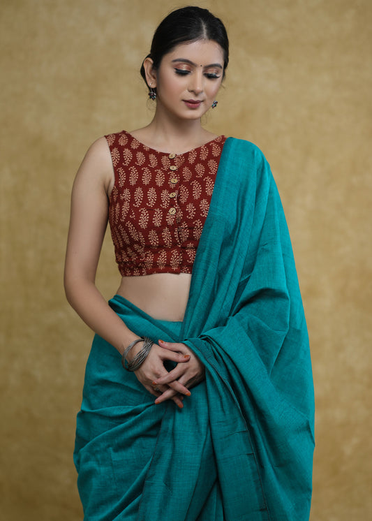 Classic Maroon Cotton Ajrakh Ambi print Sleeveless Blouse with Wooden Buttons