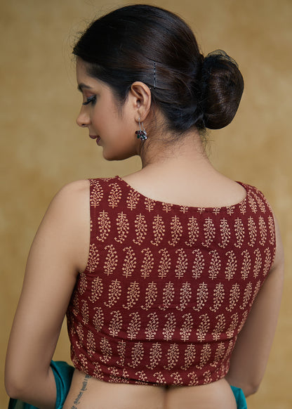 Classic Maroon Cotton Ajrakh Ambi print Sleeveless Blouse with Wooden Buttons