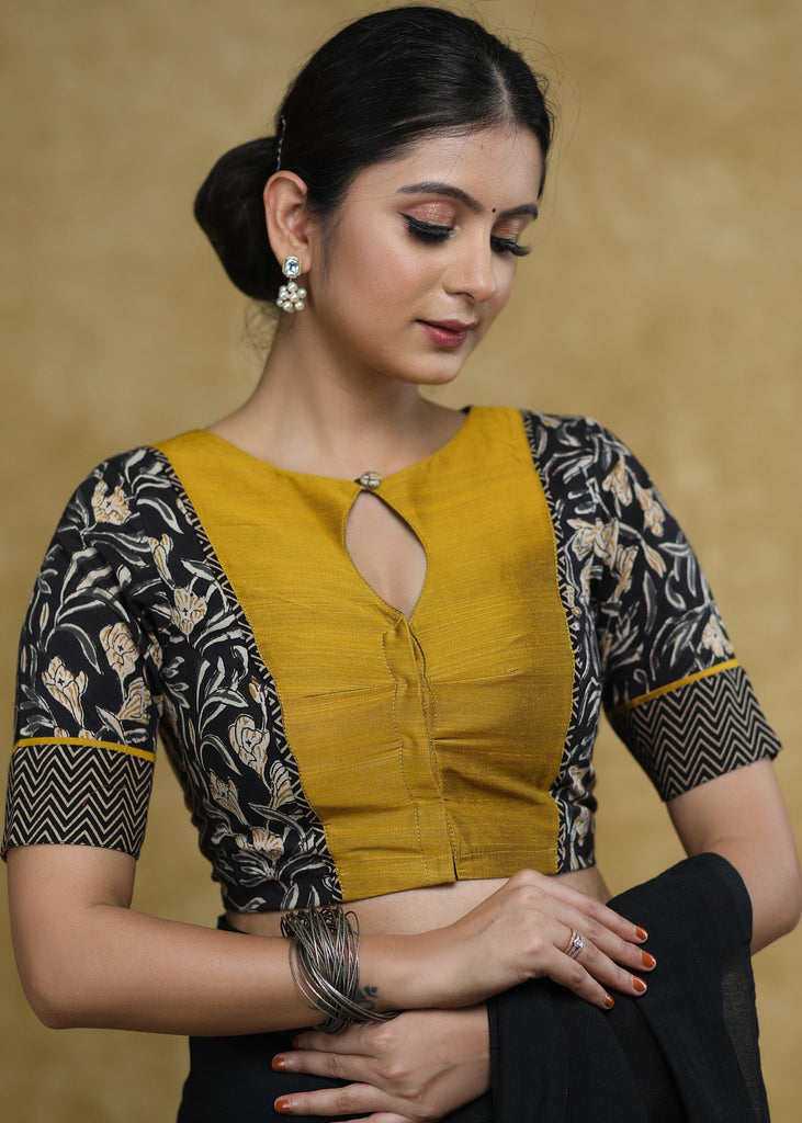 Smart Mustard, Black Combination Cotton Print Sleeves and Back with Ajrakh border