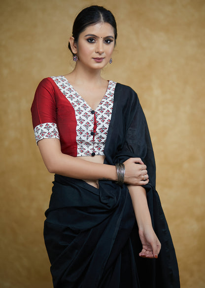 Exclusive Maroon Cotton Silk Blouse with Cream Floral Ajrakh Combination and Black Buttons
