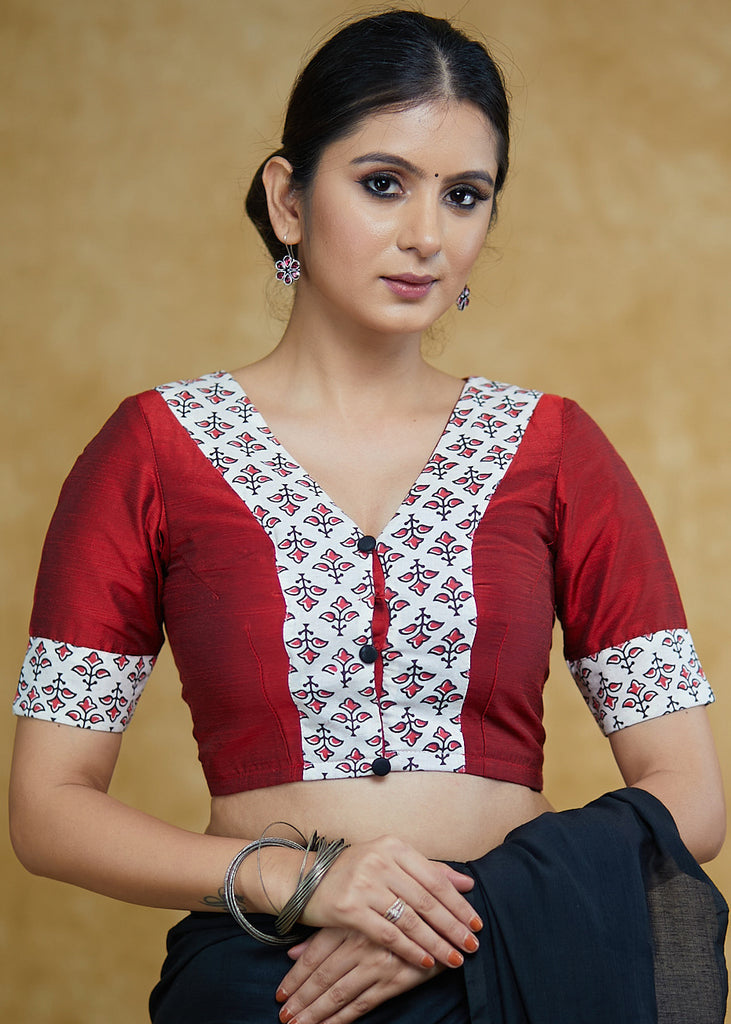 Exclusive Maroon Cotton Silk Blouse with Cream Floral Ajrakh Combination and Black Buttons