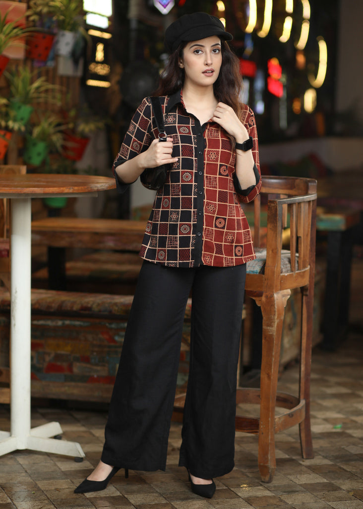 Smart Black & Maroon Combination Cotton Ajrakh Shirt