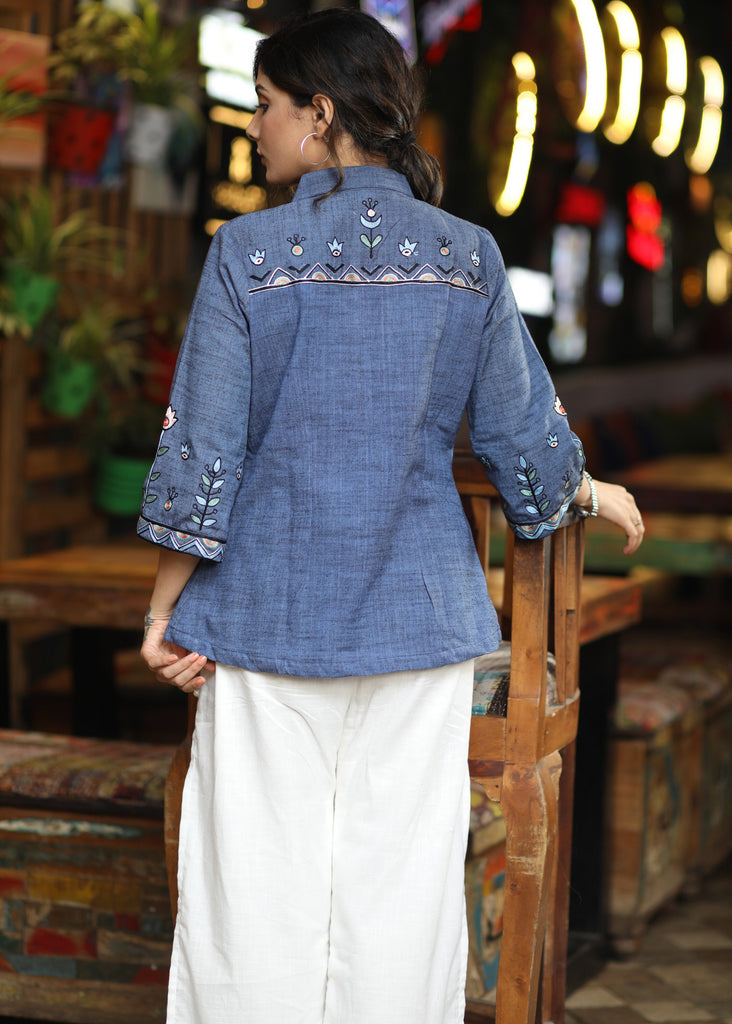 Elegant Ink Blue Cotton Shirt with Abstract Floral Embroidery on Sleeves & Back